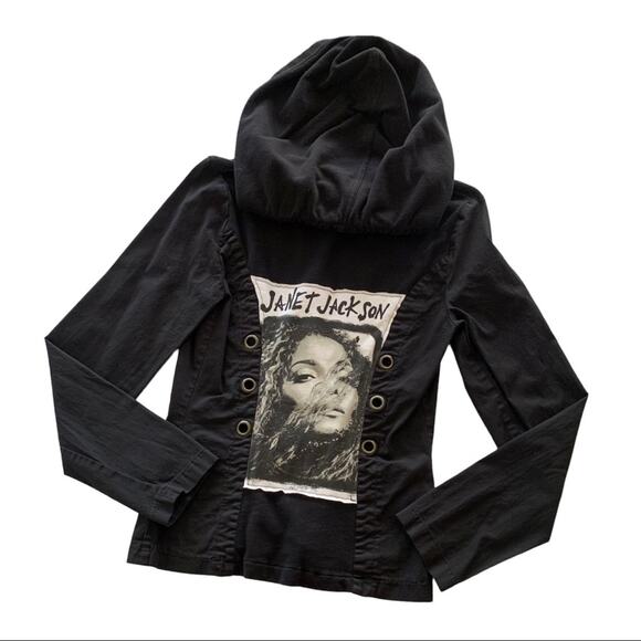 Janet Jackson 90’s R&B Icon Graphic Black Button Down Hoodie Jacket Small - Picture 1 of 9